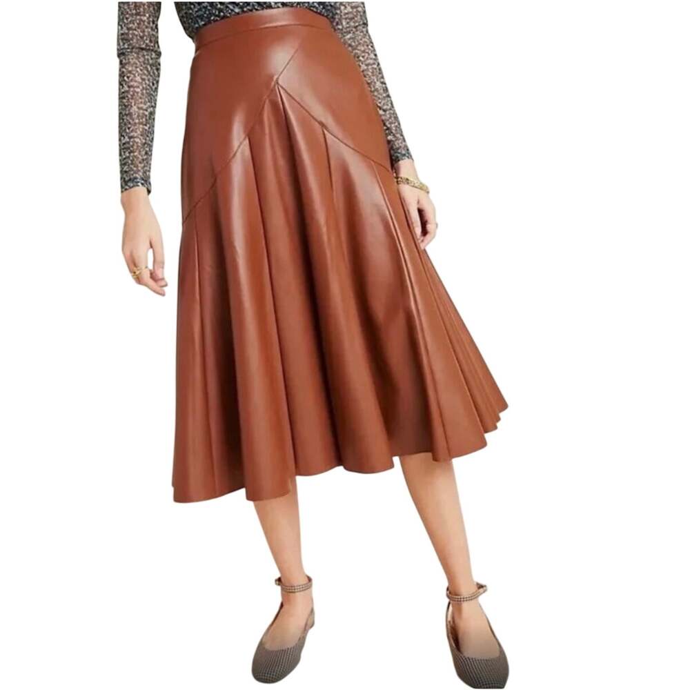 ANTHRO Maeve Mariska cognac brown faux leather midi skirt, flare, Size US 2